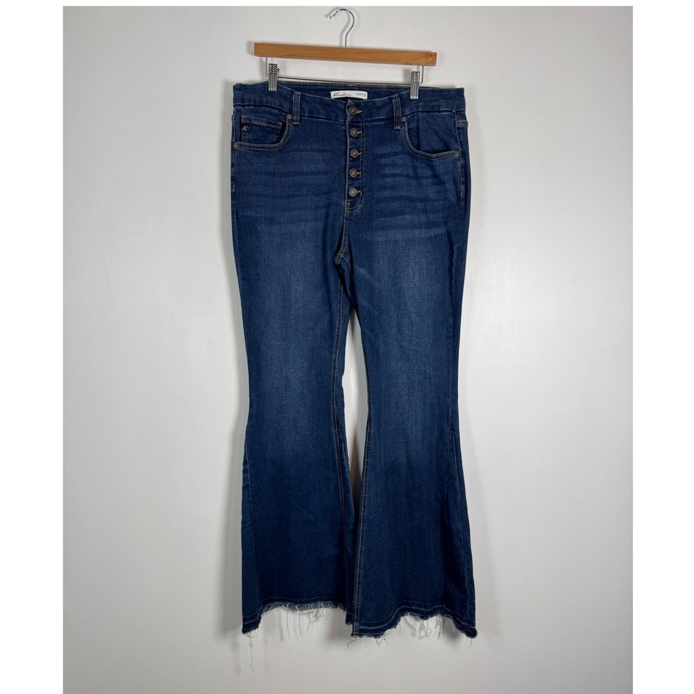 Boho Kancan Women 31 Flare Jeans Dark Blue High Rise Button Fly Raw Hem 197256